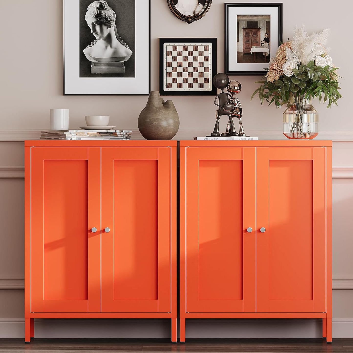 Metal Bathroom Storage Cabinet, Bathroom Floor Storage Cabinet with 2 Adjustable Shelves and 2 Doors,Freestanding Metal Sideboard for Small Spaces, Living Room, Dining Room,Orange