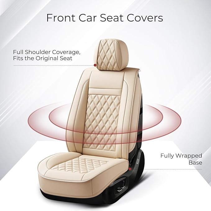Huidasource Beige Car Seat Covers Front Seats, Front Seat Cover for Cars, Nappa Leather Automotive Car Seat Cushion Protector Universal Fit for Most Cars,Vans,Trucks, SUVs (Front Pair/Beige)