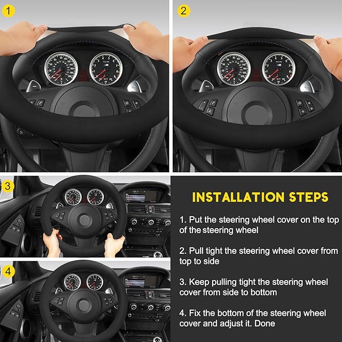 Genuine Leather Steering Wheel Cover for Men Women with Upgraded Silicone Inner Ring, Thin, Non-Slip, Breathable, Odorless, Universal 14.5-15 Inch (Pure Black, Genuine Leather)