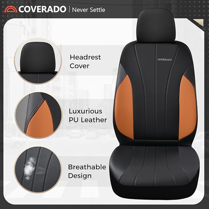 Coverado Car Seat Covers Full Set, Automotive Front and Rear Seat Covers, Leather Car Seat Covers Full Set 5 Seats, Airbag-Compatible, Brown Seat Covers for SUV Sedan Truck