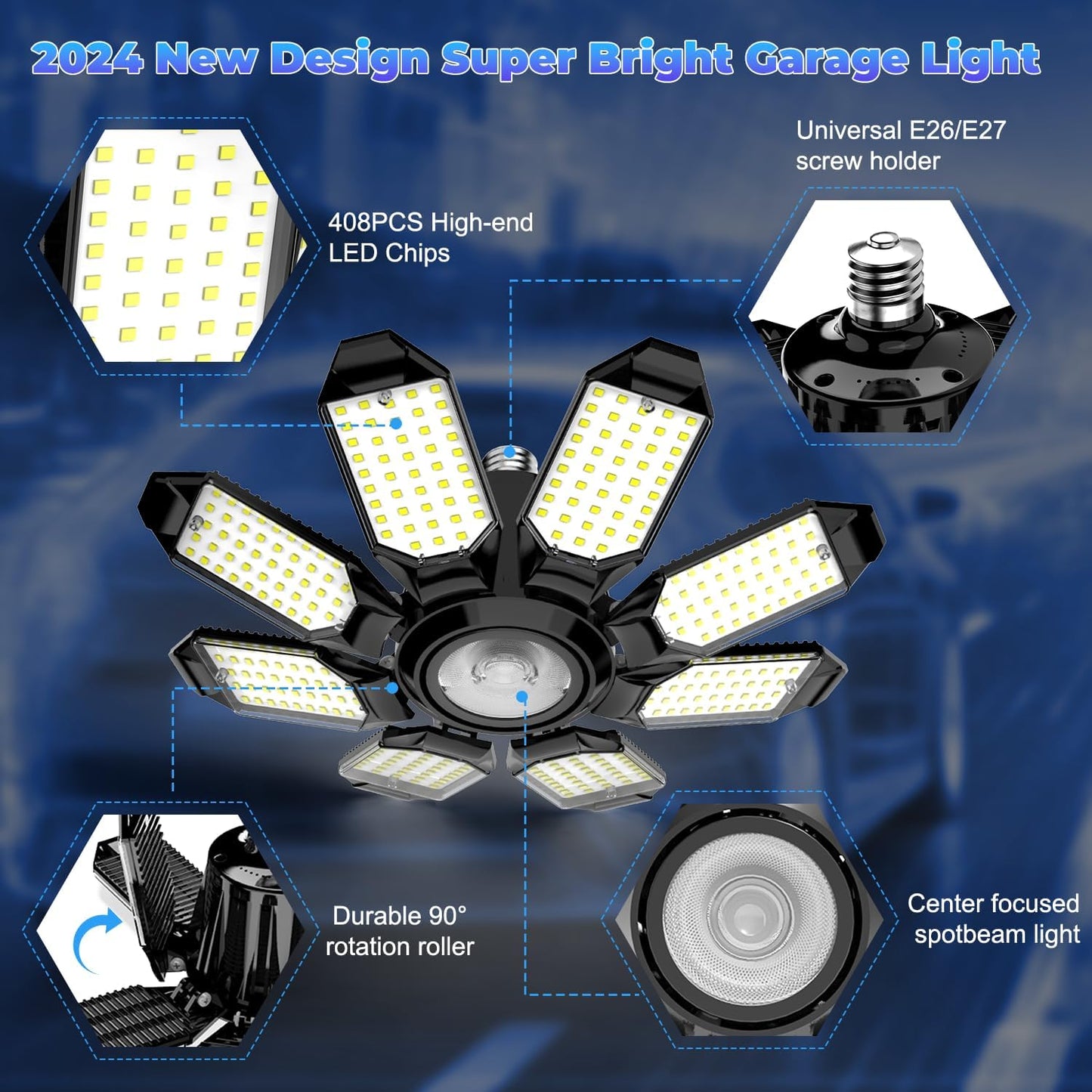 Garage Lights - Super Bright 250W LED Garage Ceiling Light w/ 8 Deformable Panels 6500K Led Light Bulb Srew in E26/E27 Socket with Adjustable Center Spotlight for Barn Workshop Attic - 4Pack