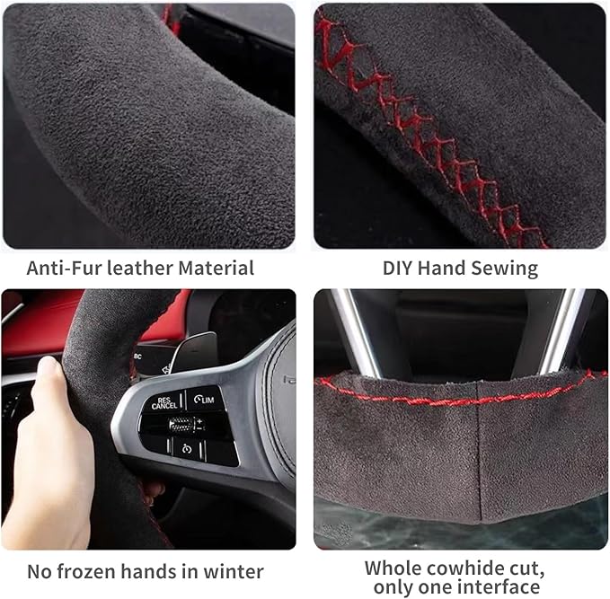 Suede Leather Steering Wheel Cover - DIY Stitch-On Wrap with Needle & Thread (Multiple Thread Colors), Breathable Cowhide, Non-Slip Grip, Fits 16-17 Inch, Comfortable & Durable for Year-Round Use