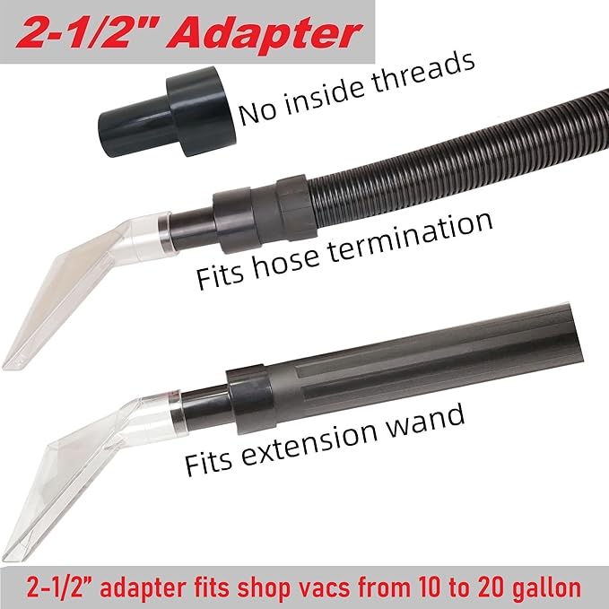 TunaMax Universal Work with All Shop Vacs Extractor Attachment with 1-1/4" & 1-7/8" & 2-1/2" Three Adapters for Upholstery & Carpet Cleaning & Auto Detailing, Large 7-1/2" Width Clear Head