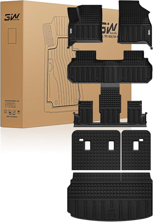 3W Floor Mats & Seat Back Mats & Cargo Liner for Chevrolet Chevy Traverse & GMC Acadia 2024-2026 (Only 7 Seats) & Buick Enclave 2025-2026, All Weather TPE Custom Fit Full Set Floor Liners