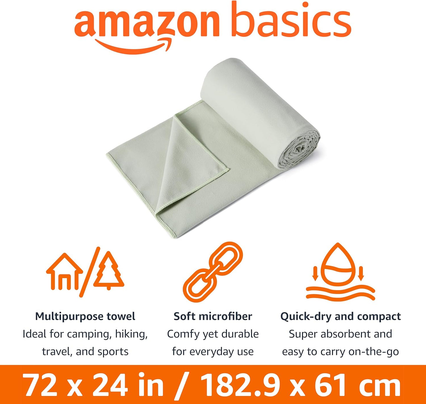 Amazon Basics Camping and Hiking Towel, Microfiber Towel, 72" L x 24" W, Fog Green