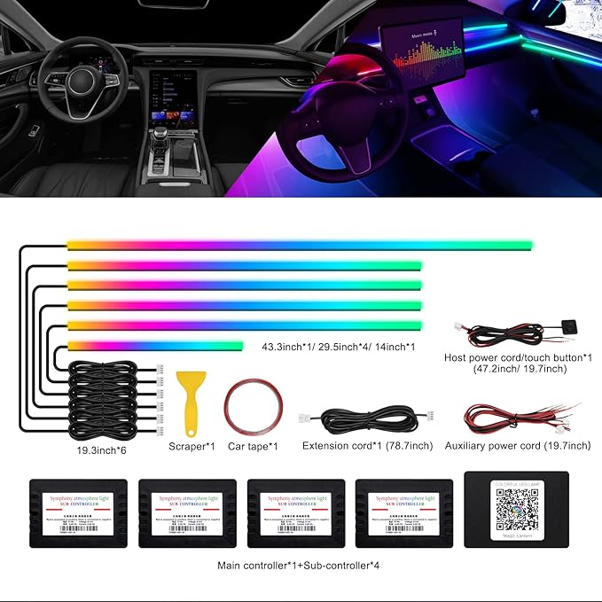Acrylic Interior Car LED Strip Light with Wireless APP, RGB Dreamcolor 6 in 1 with 175 inches 593 LEDs Fiber Optic Ambient Lighting Kits, 16 Million Colors Sound Active Function Car Neon Lights