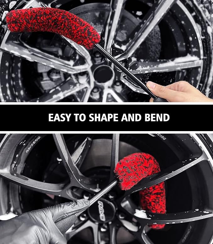 YeewayVeh 2PCS Microfiber Wheel Brush & Bendable Rim Cleaner Brush, 16 inch Long Handle Wheel Cleaning Kit for Car Tire Fenders Exhaust Tips, Red&White