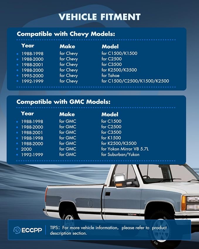 ECCPP Towing Mirrors Fit for 1988-2000 for Chevy C2500/K2500/ K3500 for GMC C2500/K2500/K3500 1988-1998 for Chevy C1500/K1500 for GMC C1500/K1500 Tow Mirrors with Left Right Side Power Heated