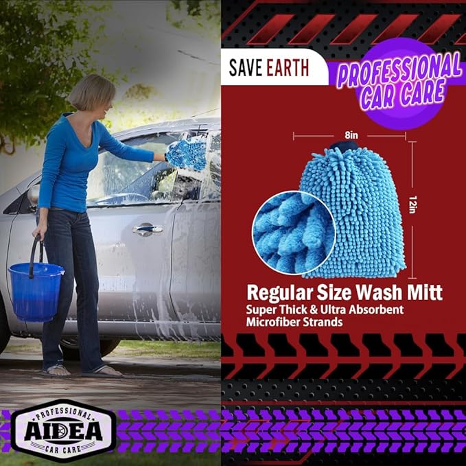 AIDEA Car Wash Mitt Microfiber 2PK, Scratch-Free& Lint-Free, Premium Chenille Microfiber Wash Mitt-Blue Extra Large Size (8''X12'')