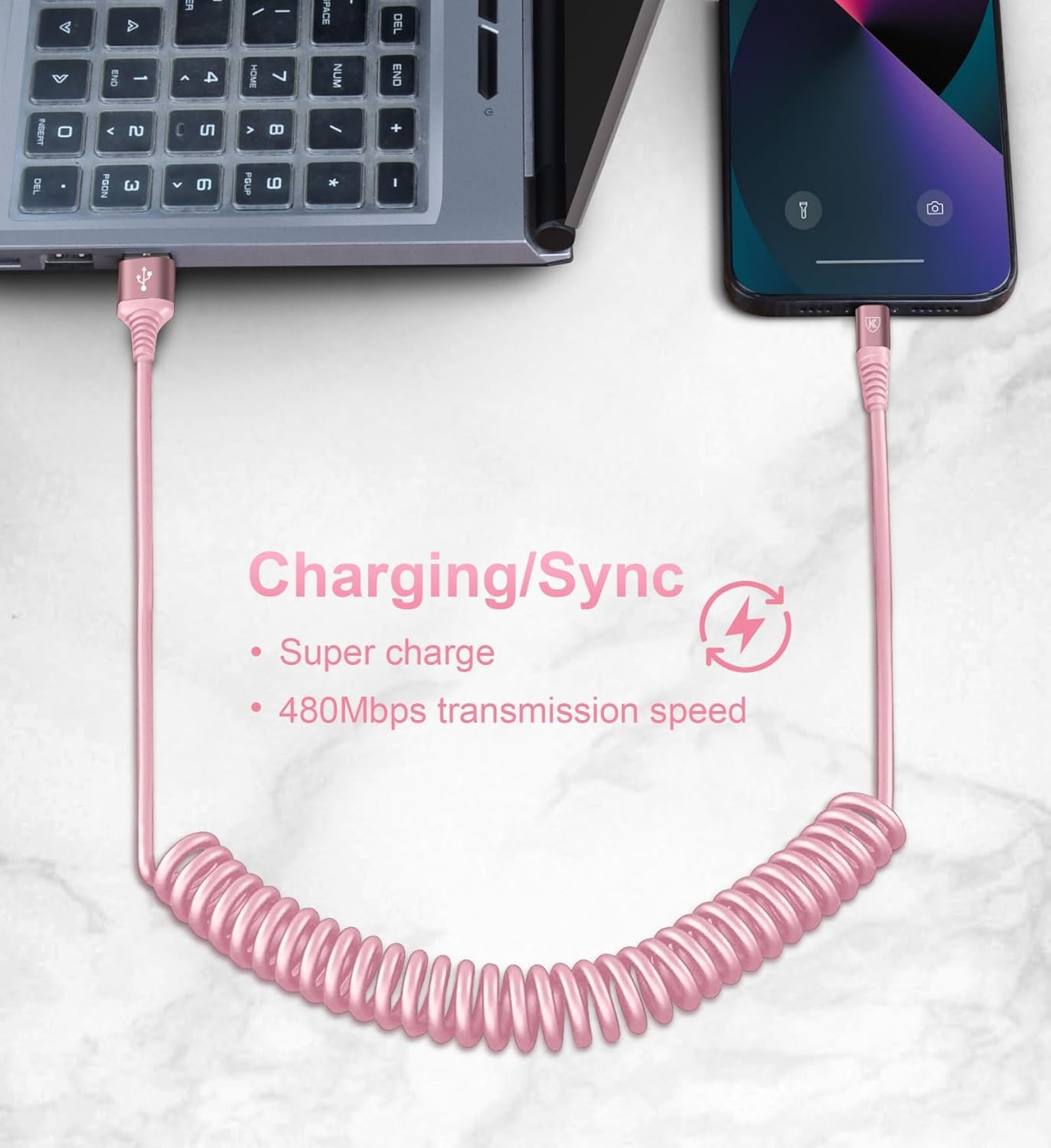 iPhone Charger Cable for Car 3FT, 2Pack Coiled Coiled Lightning Cable [Apple MFi Certified] iPhone Cable Compatible with iPhone14/13/12/11 Pro Max/XS MAX/XR/XS/X/8/7/Plus-Pink