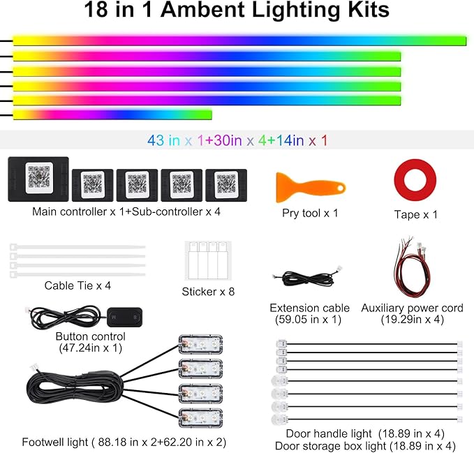 Dreamcolor Acrylic Interior Car LED Strip Lights, 18 in 1 Ambient Lighting Kit with Wireless APP, Dynamic Chasing Music Sync Fiber Optic Lights with DIY Mode, Car Inside Lighting Accessories