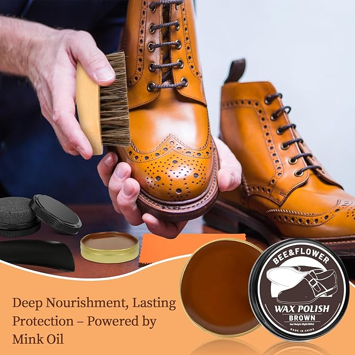 Shoe Polish Kit - Shoe Shine Kit | Leather Care Set with Horsehair Brush & Wooden Applicator | Portable Travel Case Included