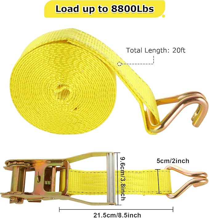 4 Pack 2 Inch Ratchet Straps Heavy Duty 20ft Tie Down Straps Ratchet with Double J Hook, 10000 LBS Break Strength, Cargo Ratchet Straps for Moving, Truck, Trailers, Motorcycles, Kayaks, Car Roof
