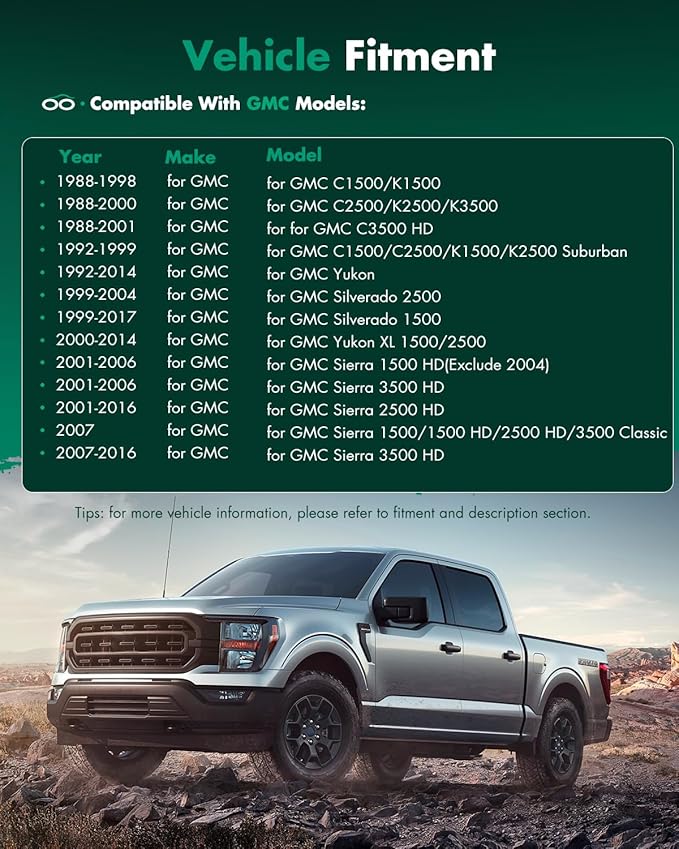 SCITOO Upper Flat Towing Mirror Glass Replacement with Left Driver Side Mirror Lens Compatible with 1988-1998 For Chevy/For GMC C1500/K1500 1988-2000 For Chevy/For GMC C2500/K2500/K3500