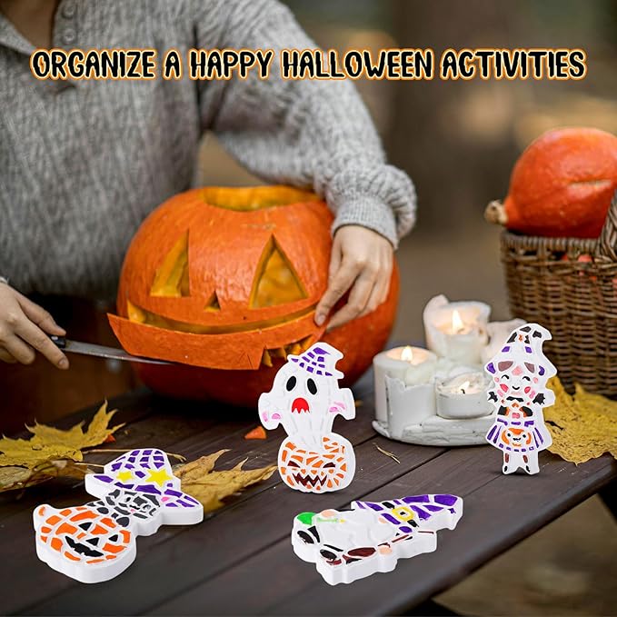 Gersoniel 6 Pack Halloween Painting Kit Stepping Stones Painting Crafts DIY Ceramic Mosaic Set with Paints and Brushes Pottery Garden Stones Spooky Figurines for Arts and Party Decor