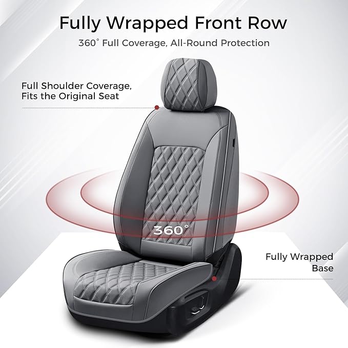 Huidasource Gray Front Seat Covers, Car Seat Covers Front Seats Waterproof, Full-Cover Faux Leather Gray Driver Seat Cover Protector Universal Fit for Most Cars, Vans, Trucks, SUVs (Front Pair/Gray)