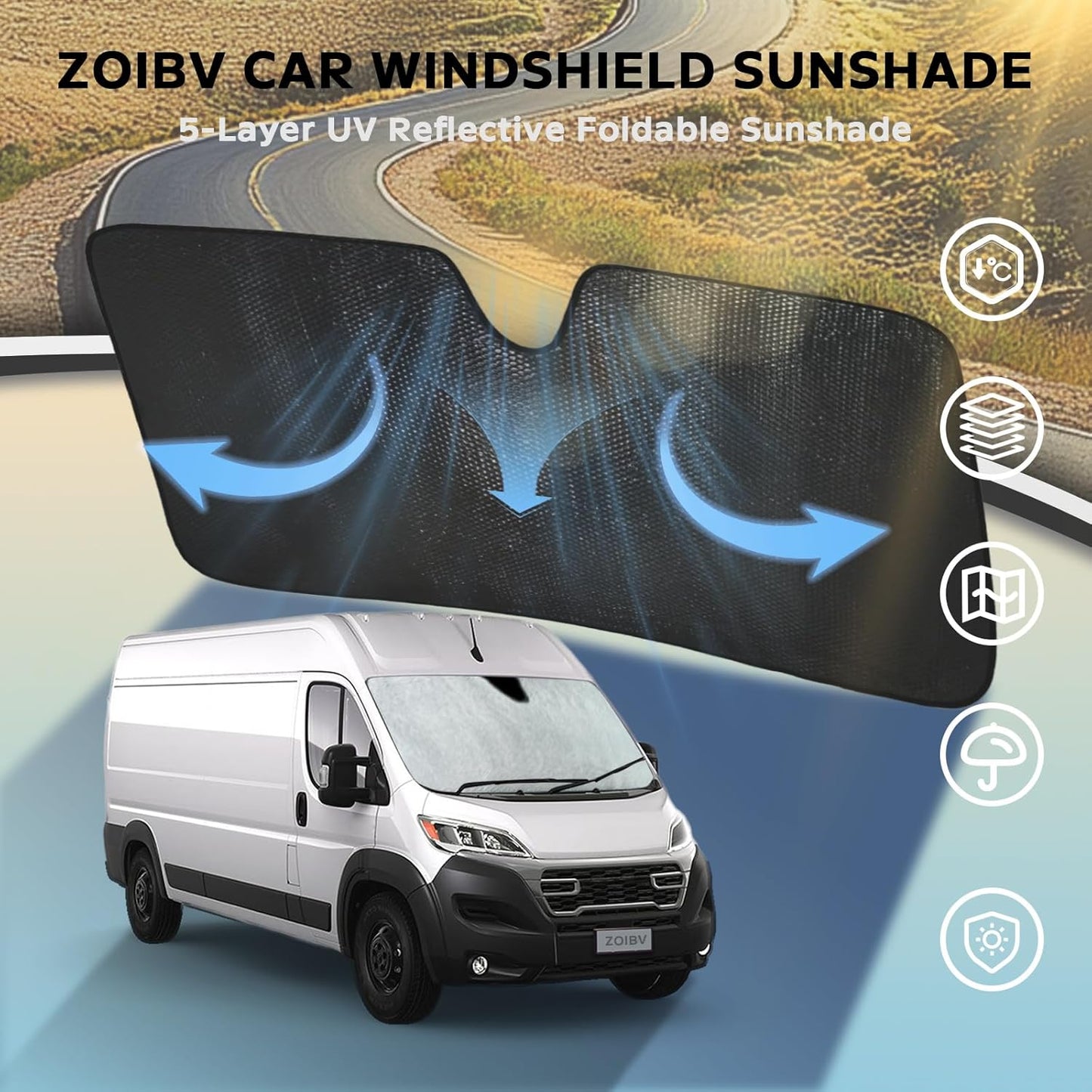 Windshield Sun Shade for 2014-2025 Dodge RAM ProMaster Full Size Cargo Van Chassis Cab Cutaway - 5-Layer Bubble Foldable Front Window Shade Sun Visor Accessories - Blocks Heat & UV Rays
