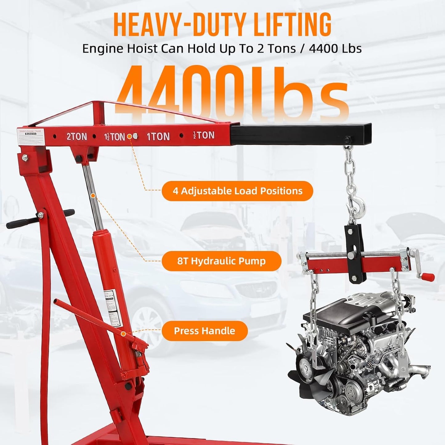 2 Ton Folding Engine Hoist with Lever, Cherry Picker Shop Crane Hoist Lift, 4400 Lbs Heavy Duty Steel Hydraulic Shop Engine Crane for Workshop and Garage, Red