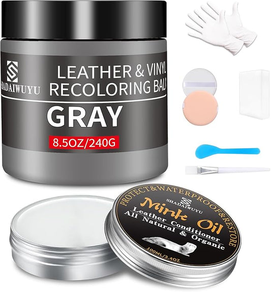 8.5oz Leather Recoloring Balm with 100ml Mink Oil,Gray Leather Repair kit for Furniture and Car Interior,Leather Couch Scratch Repair,Leather Dye Paint,Mink Oil for Leather