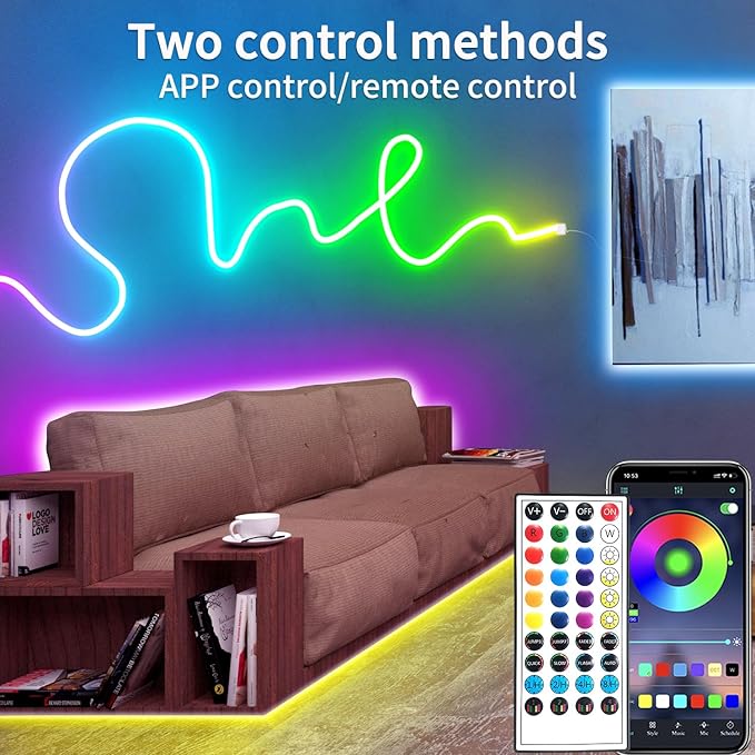 100FT RGB LED neon Rope Lights LED neon Lights with Remote/APP Control 24V IP65 Waterproof Flexible Neon LED Strip Lights for Bedroom Room Outdoors Decor（2 Rolls of 50ft）