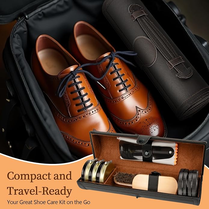Shoe Polish Kit - Shoe Shine Kit | Leather Care Set with Horsehair Brush & Wooden Applicator | Portable Travel Case Included