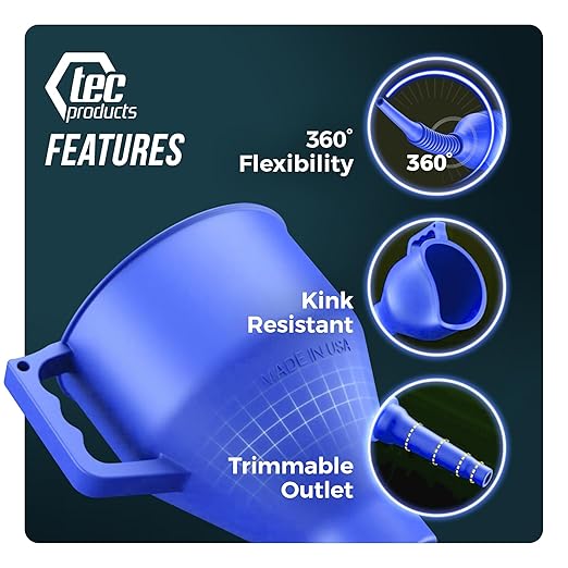 TEC Products FlexAll Long Flexible Funnel for Automotive Use - Durable Nitrile Rubber - Ideal for Car Oil Change, Transmission Funnel Fluid, Diesel, Fuel, Gas - Made in USA - Blue (16 x 5 Inches)