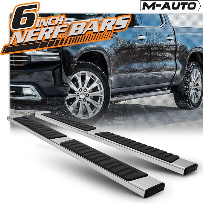 M-Auto 6.75" Running Boards Side Step Bars Compatible with 2019-2025 Chevy Silverado GMC Sierra 1500 2500HD 3500HD Extended Cab, Stainless Steel Side Step Nerf Bars, Polished Chrome