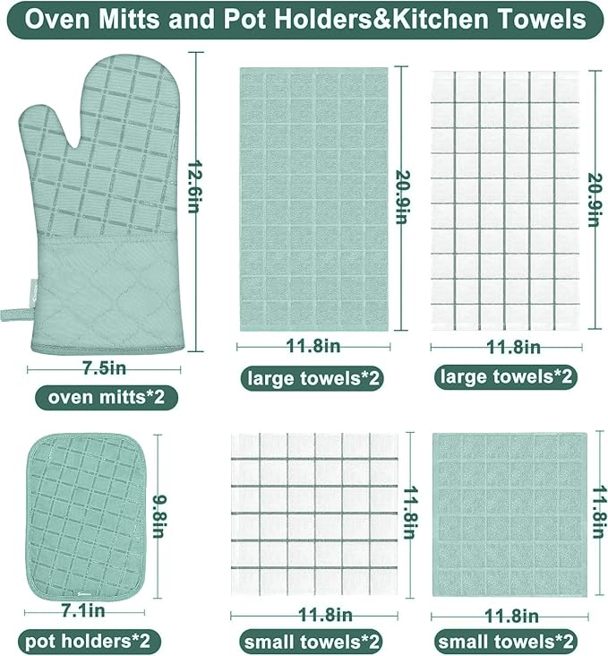 Oven Mitts Pot Holders Sets/Kitchen Towels and Dishcloths, Oven Gloves Kitchen Dish Towels 500 Degree Heat Resistant Potholders with Non-Slip Silicone Surface for Cooking, Grilling, Baking-Mint Green