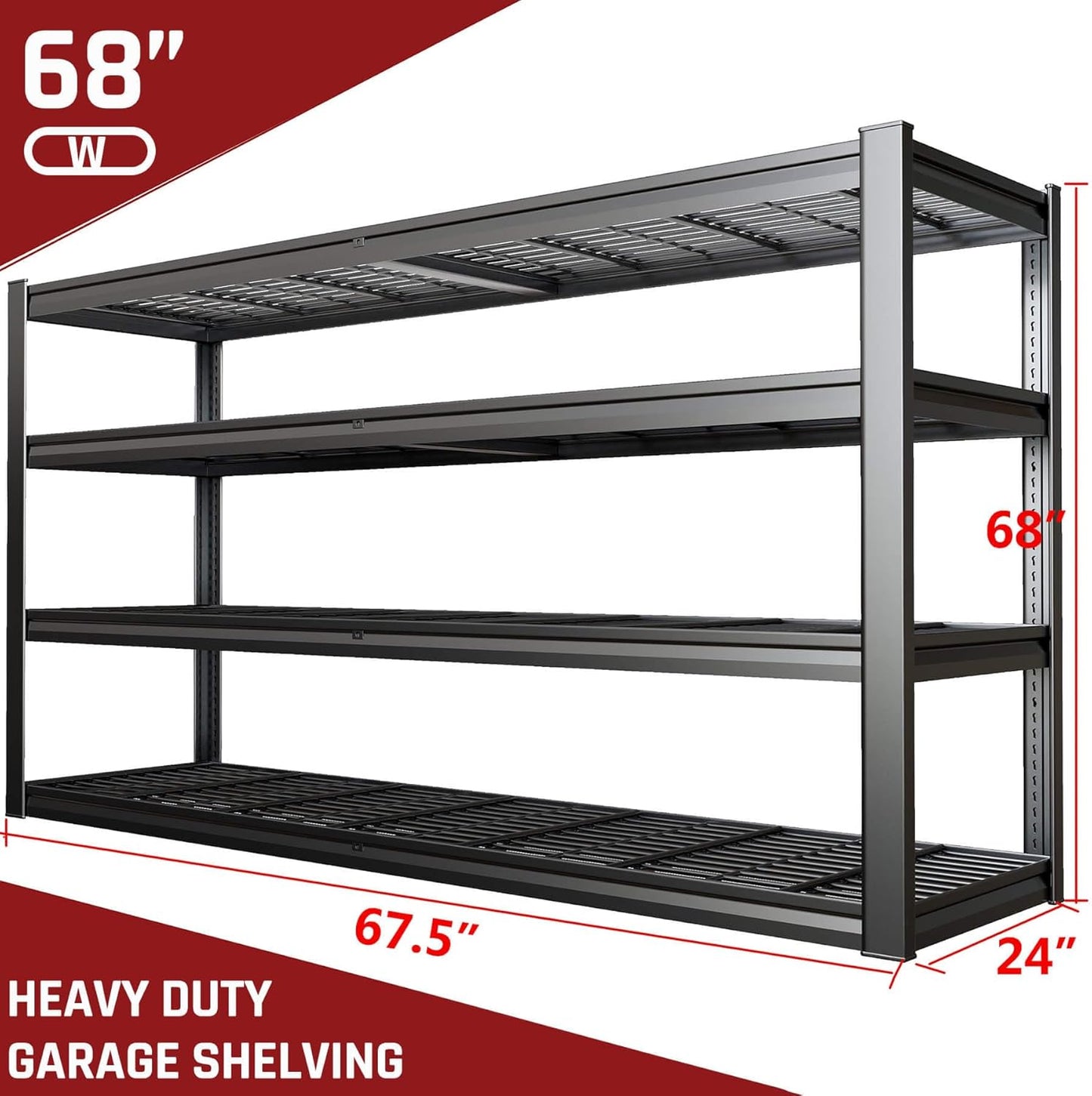 68" W Garage Shelving Unit, 68" W x 24" D x 68" H, Heavy Duty Garage Storage Shelves, 4 Tier Storage Rack Shelf, Industrial Adjustable Shelves for Basement Warehouse