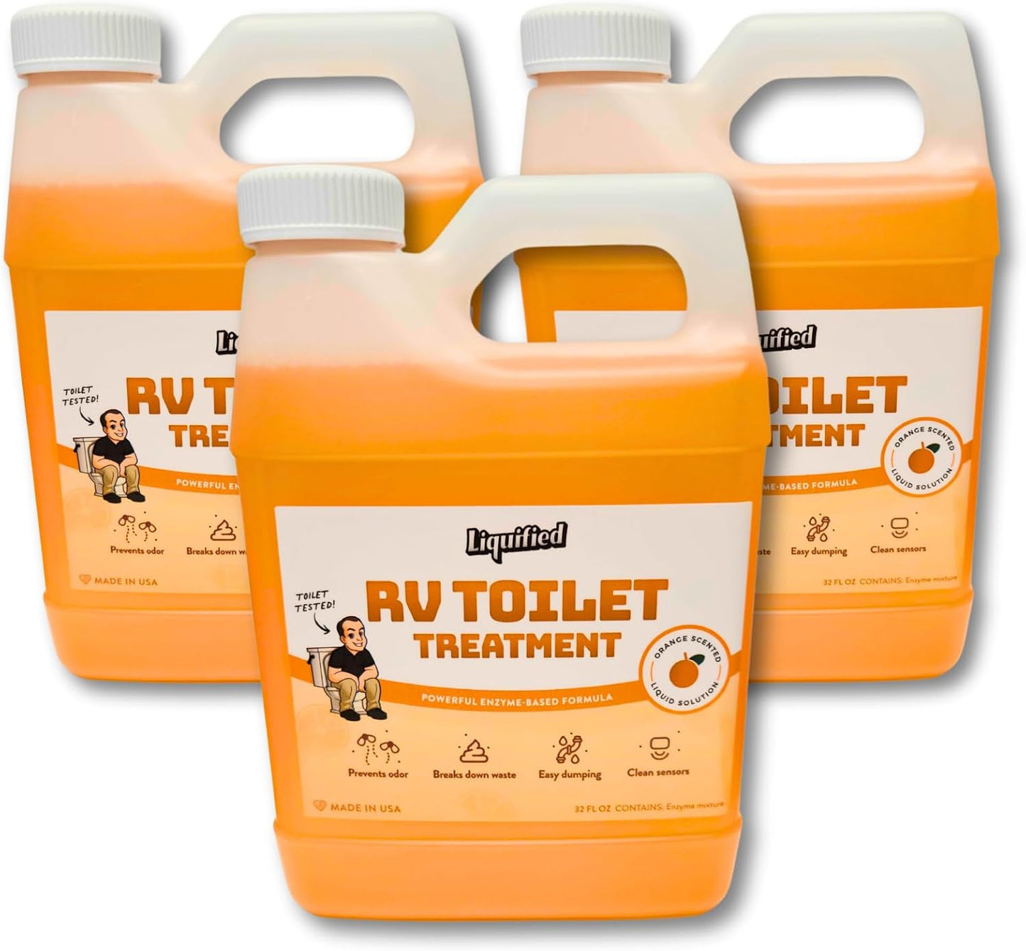 Liquified RV Toilet Treatment - Orange, 32oz Standard Pour Bottles (3-Pack) Odor Control, Waste Breakdown & Septic Safe - Made in USA