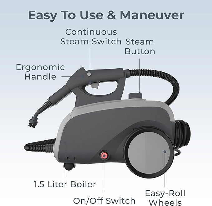 Pure Enrichment PureClean XL Rolling Steam Cleaner – Professional 1.5L Multi-Purpose Heavy Duty Steamer, 17 Accessories, Chemical-Free Deep Cleaning of Floors, Upholstery, Windows, Grout, Cars & More