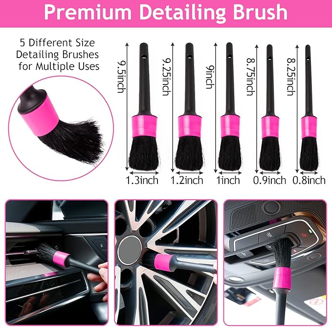 THINKWORK Pink Car Duster Interior Kit, Perfect Car Detailing Brush Kit for Cleaning Windows,Windshield,Dashboard and Air Vents Suitable for All Cars