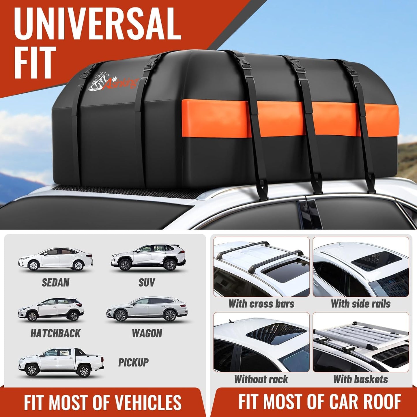 Car Rooftop Cargo Carrier Bag, 16 Cubic Feet Waterproof Car Topper Luggage Storage Bag with Large Capacity & Maximum Protection to Minivan SUV Vehicles w/wo Roof Rack, Non-Slip Mat, Door Hooks, Lock