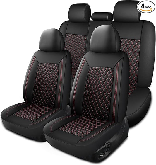 Leather Car Seat Covers,Breathable and Waterproof Seat Cover Full Set,PU Premium Universal Fit Automotive Airbag Compatible for Cars Sedans SUVs Vans and Trucks(Full Seat,Black+Redline,N1)