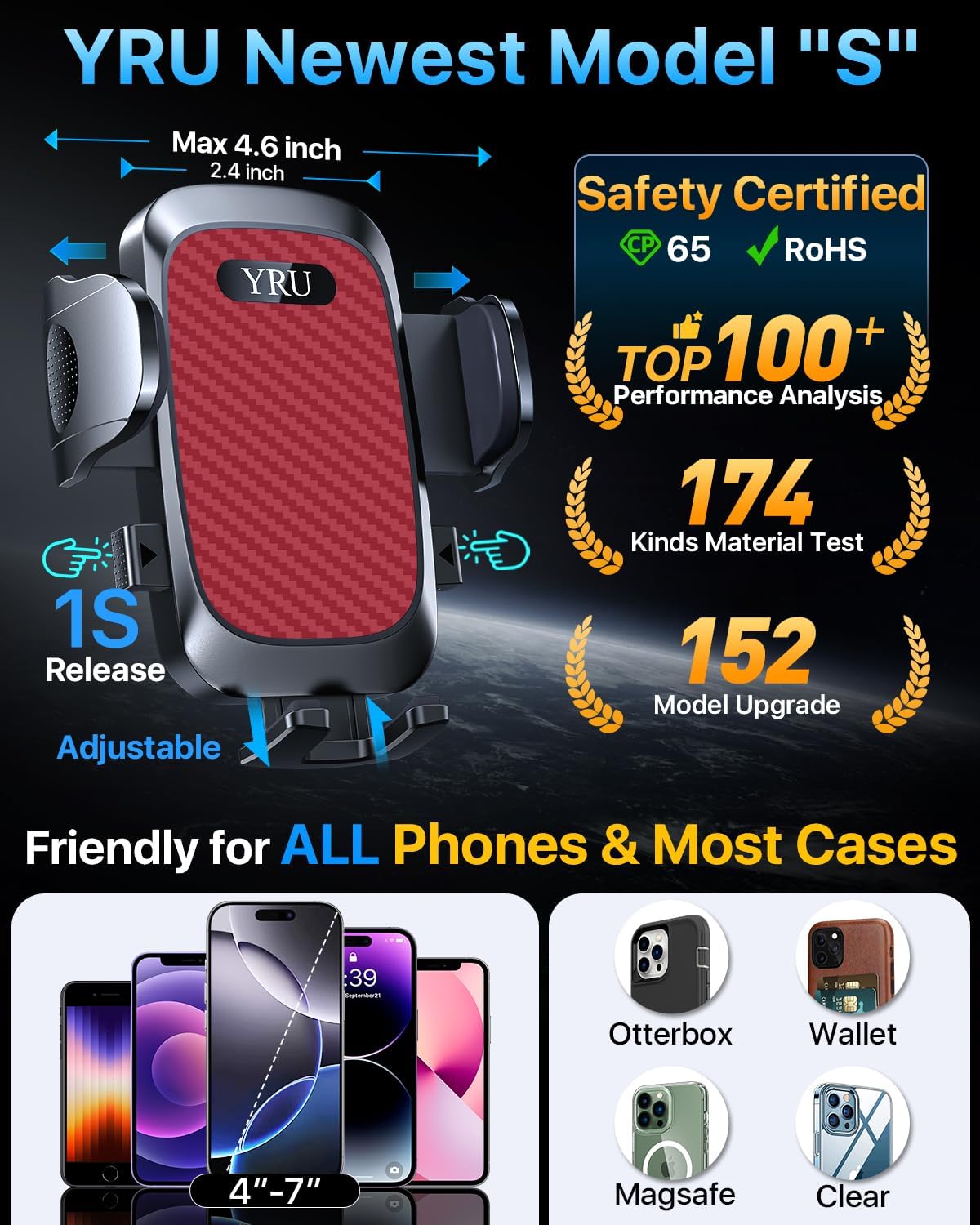 YRU [2025 Ultimate Car Phone Holder [Bendable & Adjustable Aluminum Arm] Cell Phone Automobile Cradles Dashboard Windshield Pickup Truck Phone Mount for iPhone 16 15 14 13 Pro Max Samsung,Tomato Red