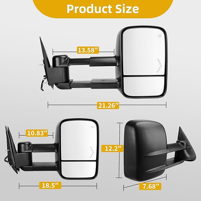 DWVO Power Heated Towing Mirrors for 2003–2007 Chevy Silverado, GMC Sierra Classic Models, Escalade, Tahoe, Suburban, Avalanche, Yukon XL, Denali with Telescoping Fold, LED Turn Signal, Black