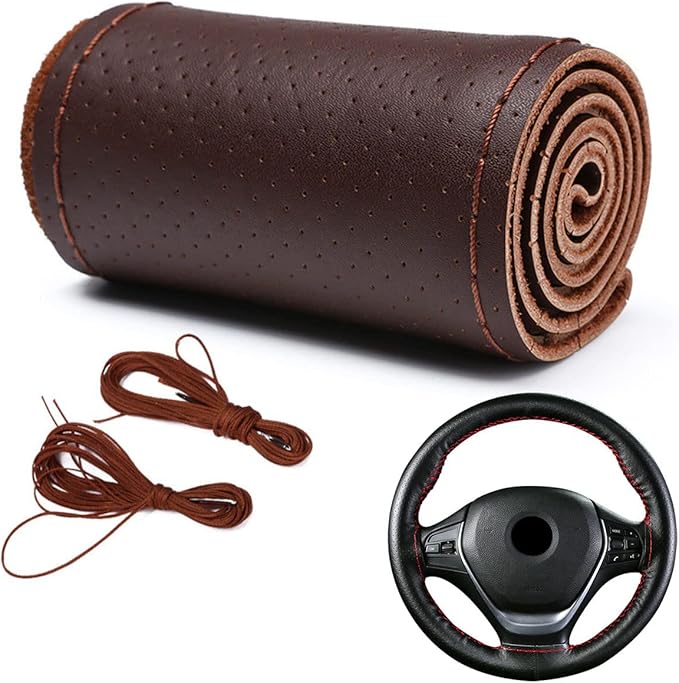 DEEYOTA Car Steering Wheel Cover Universal Fit Round Stitch Steering Wheel Wrap Thin PU Leather Steering Wheel Cover Sewn on 15" Car Wheel (Coffee)