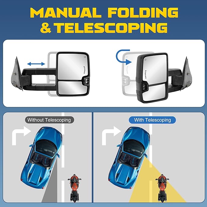 Black Pair Towing Mirrors Power Heated w/White Running Light Sequential Turn light Clearance Lamp Compatible for 99-02 Chevy Silverado Suburban Tahoe GMC Serria Yukon