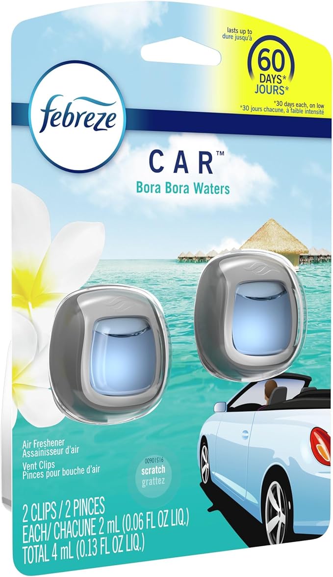 Febreze Car Odor Eliminating Freshener Vent Clip, Bora Bora Waters, 2 count (Pack of 2), White
