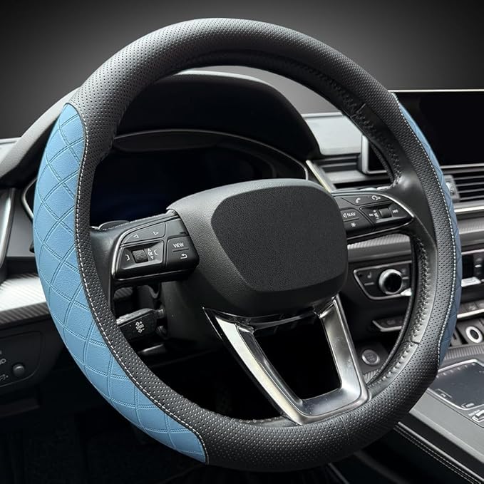 LKWLIKEI Nappa Leather Steering Wheel Cover,Elegant Diamond Checkered Design, Non-Slip wear-Resistant, Enhance Driving Comfort, Suitable for Steering Wheel Diameter 14 1/2‘-15’ Models.Black Blue