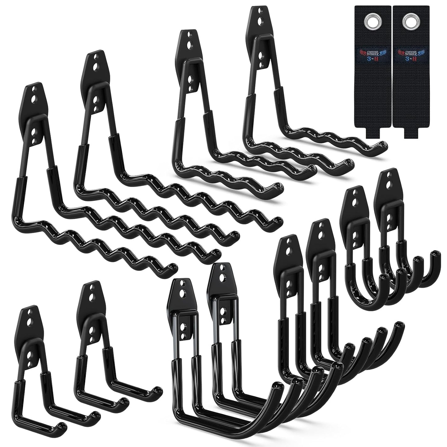 3-H Garage Hooks Heavy Duty with 2 Storage Straps, Utility Garage Wall Mount Hooks for Garden, Ladders, WeedEater, Shovel(Black)
