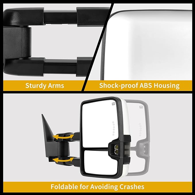 DWVO Towing Mirrors Compatible with 03-06 Silverado Sierra 1500 2500 HD 3500 Escalade Suburban Tahoe Yukon, LED Turn Signal Light Running Lights Power Heated Manually Folding Switchback White