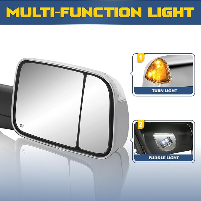 Power Heated Towing Mirrors Compatible for 2009-2018 Dodge Ram 1500 2500 3500, 2019-2024 Ram 1500 Classic w/LED Turn Signal Light Side Tow Mirror Manual Flip (Chrome)