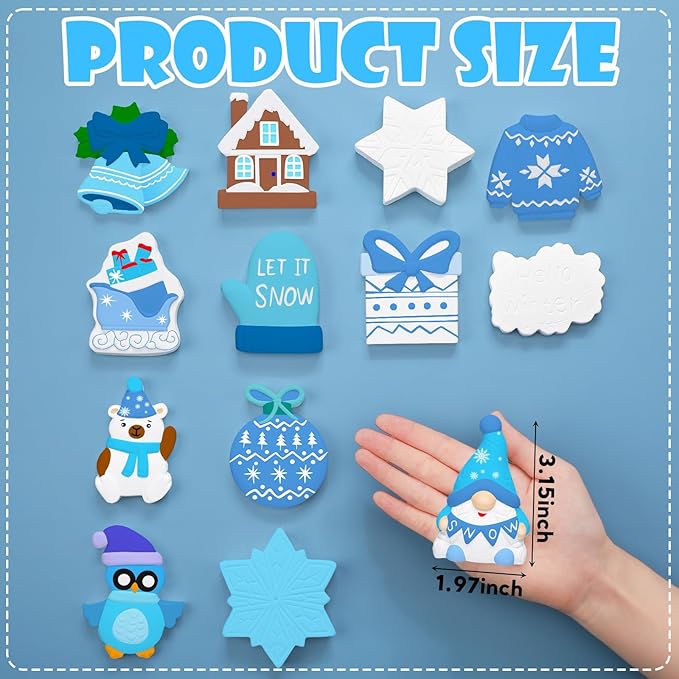 Simgoing 24 Sets Christmas Winter Ceramics to Paint Set Gnomes Ready to Paint 24 Unpainted Ceramics with Acrylic Brushes Magnets DIY Snowflake Snowman for Winter