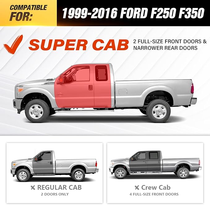 Three Raised Steps SuperCab Running Boards Compatible with 1999-2016 Ford F250 F350 Super/Extended Cab (2 Full Front & 2 Narrower Rear Doors) Side Steps, Nerf Bar Rock Slider Side Rails