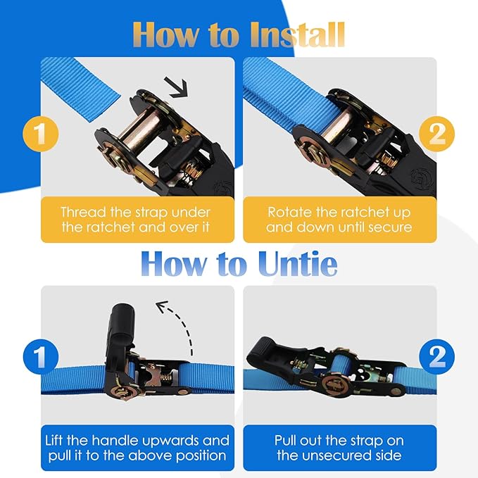 Ratchet Straps 4 Pack - 2,200 Lbs Break Strength 1 in x 15 Ft Medium Duty Ratchet Tie Down Straps with S Hooks Set for Truck, Cargo Van, Trailer, Motorcycle (Blue)