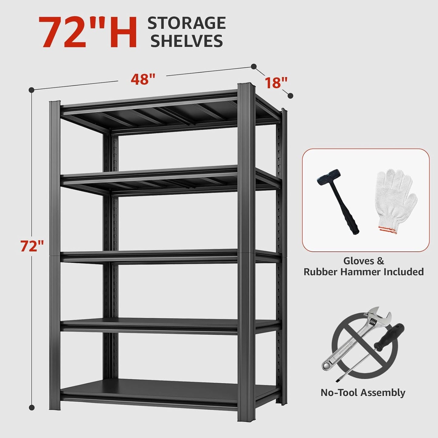 5 Tier Metal Shelving Unit, 72" H x 48" W Adjustable Storage Shelves, Heavy Duty Garage Shelves for Warehouse, Basement, Kitchen, Pantry, Living Room, 2500LBS, Black, 18" D