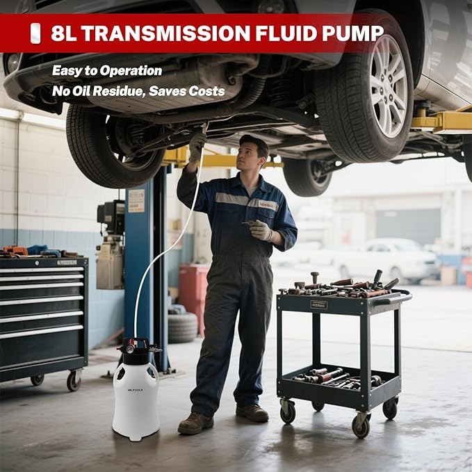 BILITOOLS Transmission Fluid Transfer Pump Air Operated, 8L (2.1 Gallons) Automatic Pneumatic Vacuum Oil Fluid Extractor Dispenser ATF Refill Kit with 15 ATF Adapters