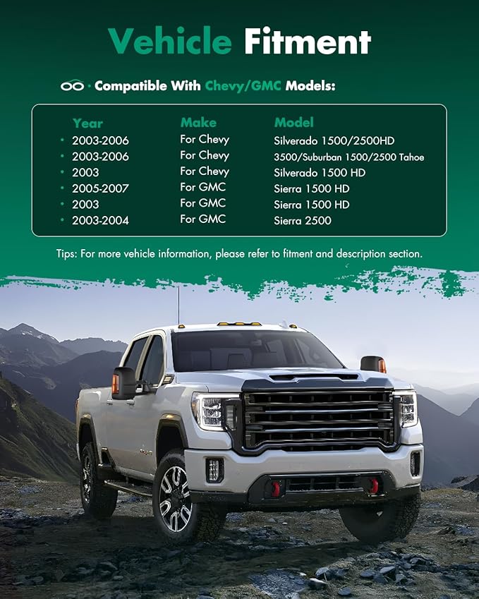 SCITOO Tow Mirrors Compatible with for 2003-2007 For Chevy Silverado 3500/Suburban 1500/2500 Tahoe 1500 HD Pickup Truck Power Adjusted Heated Turn Signal Light Black Towing Mirrors LH RH