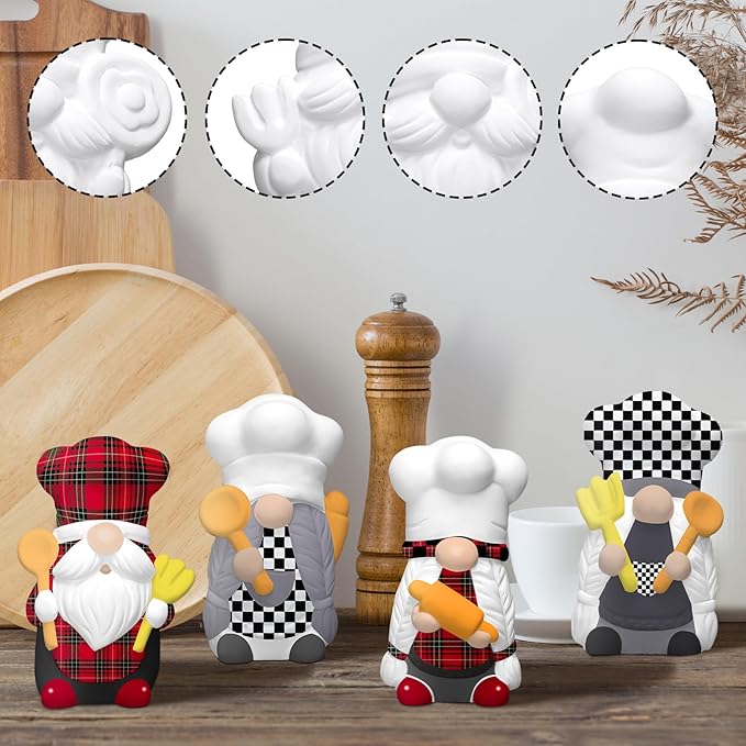 Eersida 6 Sets Christmas Chef Ceramics to Paint Black and White Chef Gnome Ready to Paint Your Own Ceramic Xmas Statue DIY Unpainted Ceramic Paintable Christmas Figurines Kit Crafts with Brush Palette